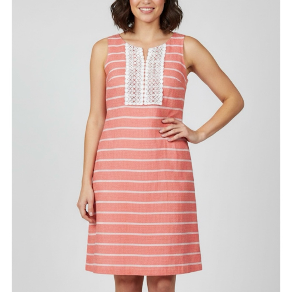 Talbots Orange White Striped Linen Blend Sleeveless Lace Crochet Dress Size 10